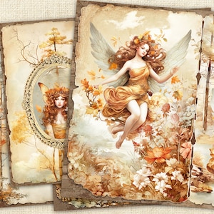May include: A collage of three digital art prints featuring fairies in a forest setting. The fairies are depicted with wings and flowing hair, surrounded by autumn leaves and flowers. The prints have a vintage aesthetic with a faded background.