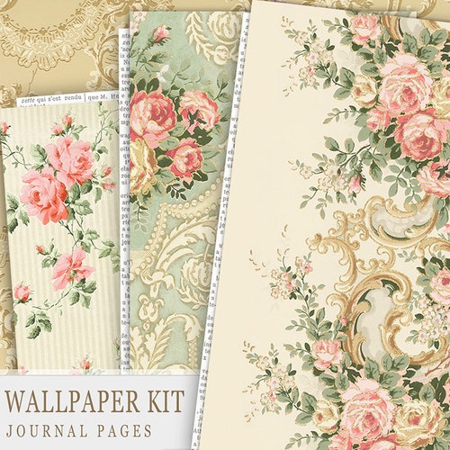 Vintage Wallpaper Junk Journal Kit, Antique Papers, Journal Printables, Cabbage Rose Ephemera, Vintage Roses Papers, Digital Wallpaper Print