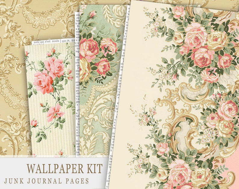 May include: A set of four vintage-style wallpaper designs featuring floral patterns with pink roses and green leaves on a cream background. The text "WALLPAPER KIT JUNK JOURNAL PAGES" is printed at the bottom of the image.