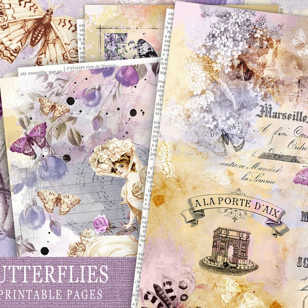 Butterfly Print Digital Paper, Vintage Paper Floral Paper, Ephemera Scrapbook Paper, Victorian Paper Butterflies Junk Journal, Collage Sheet