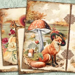Kit de diário de lixo de outono, páginas para impressão de outono, kit de diário de lixo de floresta vintage, folha de colagem digital de outono, papéis de abóbora, animal da floresta