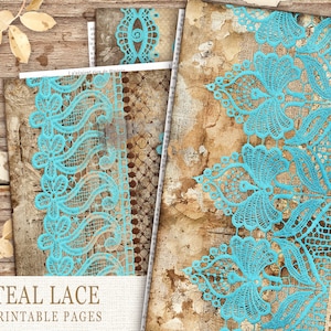 Teal Lace Junk Journal Printable Pages, Digital Teal Lace Collage Sheets, Junk Journal Kit, Vintage Lace Printable Paper, Lace Embellishment