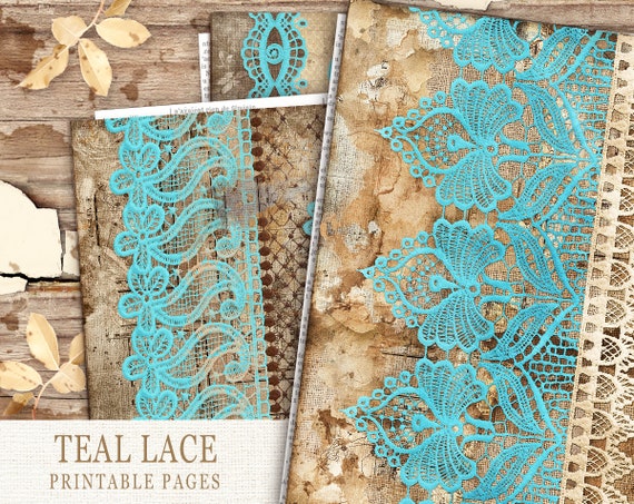 Teal Lace Junk Journal Printable Pages, Digital Teal Lace Collage Sheets, Junk Journal Kit, Vintage Lace Printable Paper, Lace Embellishment