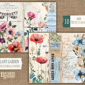 May include: A set of 10 digital printable papers featuring floral designs with watercolor flowers, butterflies, and vintage text. The papers are 8.5 inches by 11 inches and are perfect for junk journaling, scrapbooking, and other paper crafts.