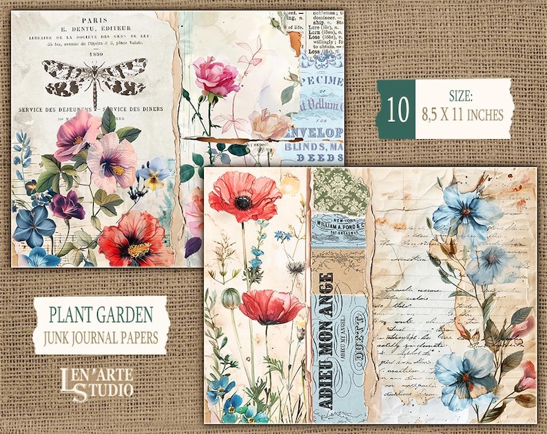 May include: A set of 10 digital printable papers featuring floral designs with watercolor flowers, butterflies, and vintage text. The papers are 8.5 inches by 11 inches and are perfect for junk journaling, scrapbooking, and other paper crafts.