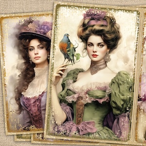 Strony dziennika dla kobiet w stylu wiktoriańskim, arkusz kolażu dla kobiet w stylu vintage, moda damska w stylu edwardiańskim, papier do decoupage'u dla kobiet, antyczny cyfrowy styl vintage