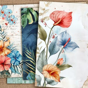 Kit de diario basura tropical, papel de flores exóticas, papeles botánicos de hibisco, páginas florales vintage de verano para imprimir, páginas de hojas de palmera