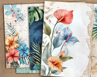 Tropical Junk Journal Kit, Exotic Flowers Paper, Hibiscus Plant Botanical Papers, Summer Vintage Printable Floral Pages, Palm Leaves Pages