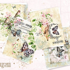 May include: Four vintage-style cards with a floral and butterfly theme. The cards feature a variety of designs, including a butterfly on a flower, a butterfly on a cone, a butterfly on a leaf, and a butterfly on a piece of paper with the text "I love you, ma ch&eacute;rie".