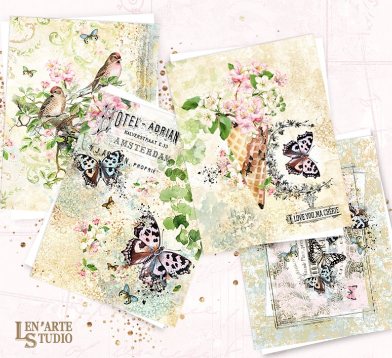 May include: Four vintage-style cards with a floral and butterfly theme. The cards feature a variety of designs, including a butterfly on a flower, a butterfly on a cone, a butterfly on a leaf, and a butterfly on a piece of paper with the text "I love you, ma ch&eacute;rie".