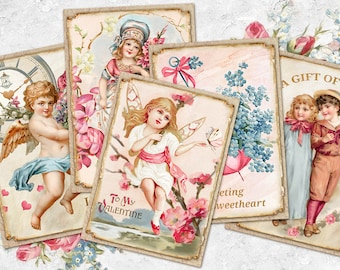 Vintage Valentine ATC Cards, Printable Pink Valentine's Day ATC Card, Vintage Ephemera Love Cards, Cupid Journal Card, Vintage Angels ATC
