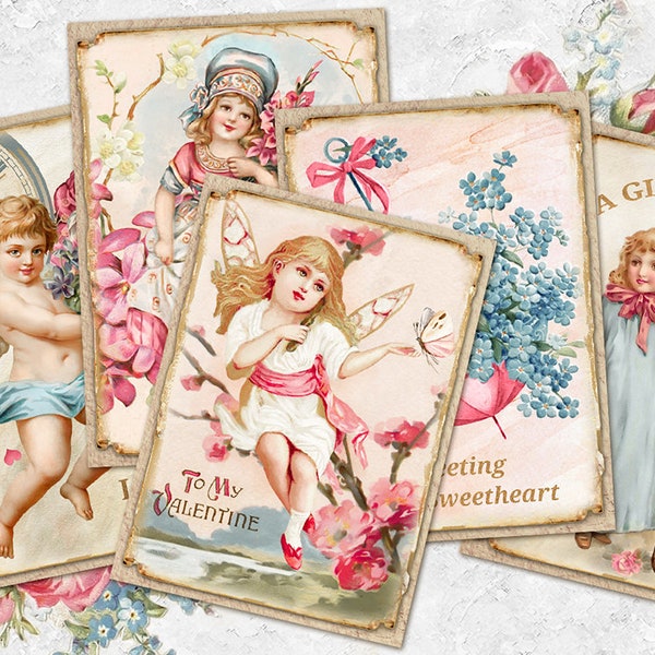 Vintage Valentine ATC Cards, Printable Pink Valentine's Day ATC Card, Vintage Ephemera Love Cards, Cupid Journal Card, Vintage Angels ATC