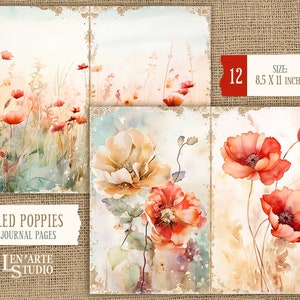 Pages de journal indésirable coquelicots rouges, papier imprimable coquelicots aquarelle, kit de journal indésirable pavot rouge, papier fleurs sauvages vintage, papier fleurs de printemps image 5