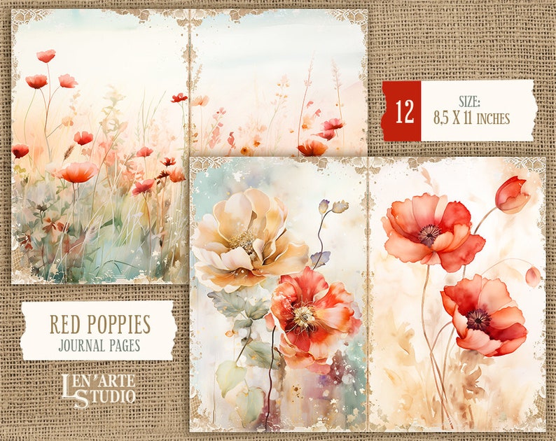 Pages de journal indésirable coquelicots rouges, papier imprimable coquelicots aquarelle, kit de journal indésirable pavot rouge, papier fleurs sauvages vintage, papier fleurs de printemps image 5