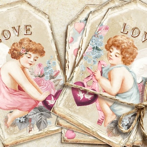 Vintage Valentine Digital Tags, Junk Journal Digital Valentine Ephemera, Love Journal Tags Printable, Love Angels Tags, Valentine's Day Tags