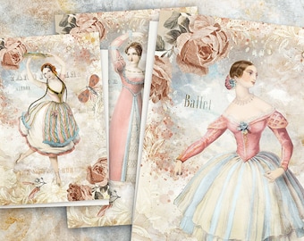 Vintage Ballerina Cards, Victorian Ballerina Junk Journal Paper,Printable Ballet Paper,Digital Ballet Collage Sheet, Ballet Journal Ephemera