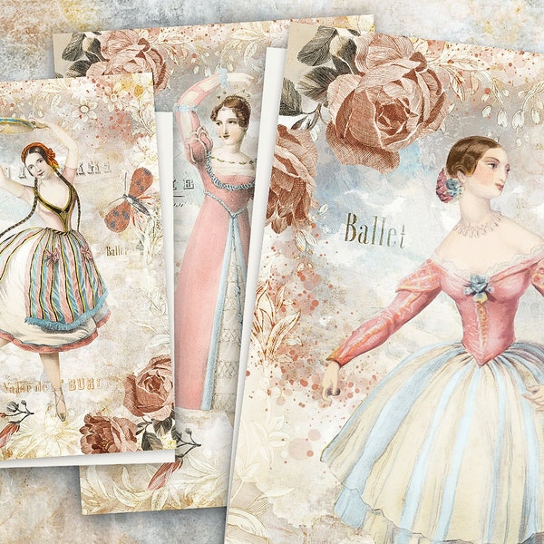 Vintage Ballerina Cards, Victorian Ballerina Junk Journal Paper,Printable Ballet Paper,Digital Ballet Collage Sheet, Ballet Journal Ephemera