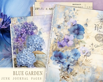 Vintage Floral Junk Journal Papers, Blue Flowers Printable Papers, Scrapbooking, Digital Floral Print,Floral Collage Sheets,Decoupage Papers