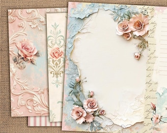Vintage Lined Journal Pages, Basic Junk Journal Kit, Printable Blank Paper, Writing Page,Shabby Chic Paper, Pink Roses Collage,Floral Papers