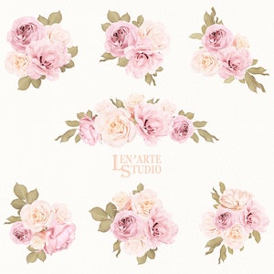 Pode incluir: Uma cole&ccedil;&atilde;o de seis arranjos florais com rosas cor-de-rosa e creme e folhas verdes. Os arranjos est&atilde;o dispostos simetricamente sobre um fundo branco. O texto "LEN'ARTE STUDIO" est&aacute; impresso no centro da imagem.