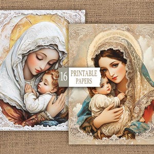 May include: A vintage-style illustration of the Virgin Mary holding a baby Jesus. The image is framed with a white lace border and has a soft, warm colour palette.