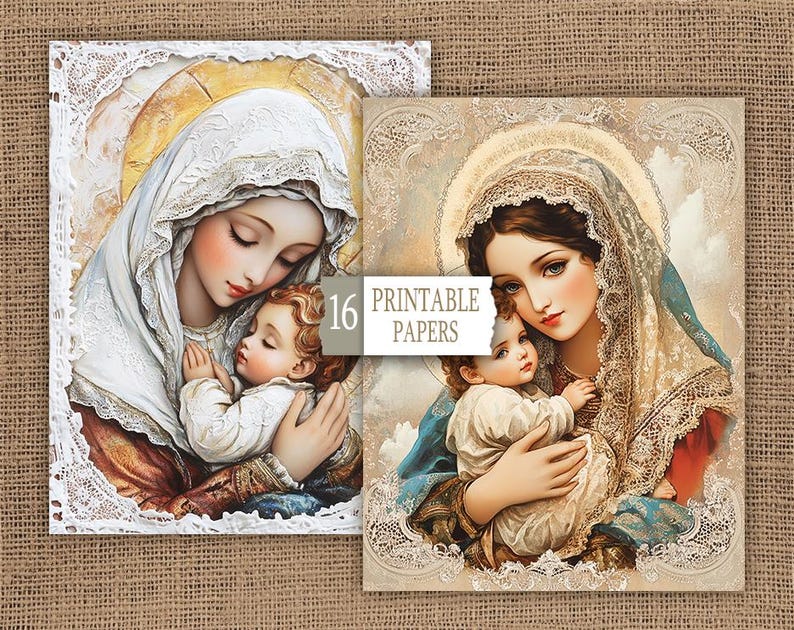May include: A vintage-style illustration of the Virgin Mary holding a baby Jesus. The image is framed with a white lace border and has a soft, warm colour palette.
