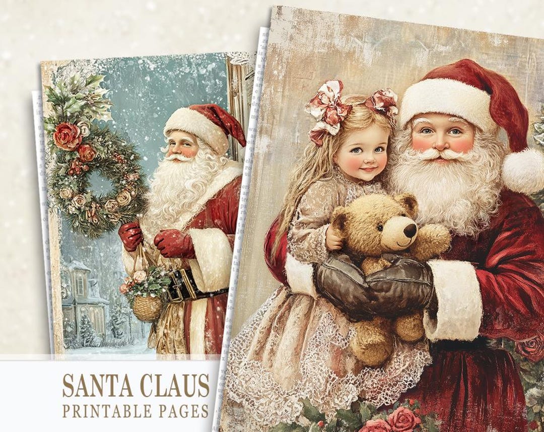 Christmas Festive Junk Journal Pages, Vintage Santa Claus Digital Pages ...