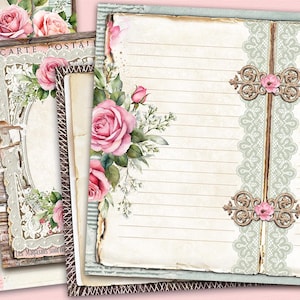 Blanco gelinieerde dagboekpagina's, basispapier voor ongewenste dagboeken, afdrukbare romantische pagina's, roze rozen papier vintage, collagebladen rozen om te schrijven
