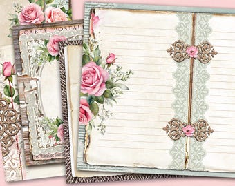 Blank Lined Journal Pages, Junk Journal Basic Papers, Printable Romantic Pages, Pink Roses Paper Vintage, Roses Collage Sheets For Writing