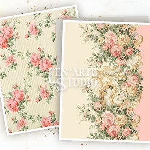 May include: Two digital paper designs featuring pink roses and gold accents. The first design is a repeating pattern of pink roses on a cream background with thin vertical stripes. The second design features a border of pink roses and gold scrollwork on a cream background with a pink border.