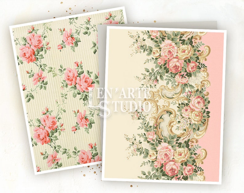 May include: Two digital paper designs featuring pink roses and gold accents. The first design is a repeating pattern of pink roses on a cream background with thin vertical stripes. The second design features a border of pink roses and gold scrollwork on a cream background with a pink border.