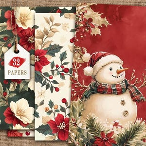 Páginas de diario basura navideñas, páginas digitales festivas de invierno, imprimibles navideños, kit de diario de Noel, papeles navideños clásicos, Navidad vintage