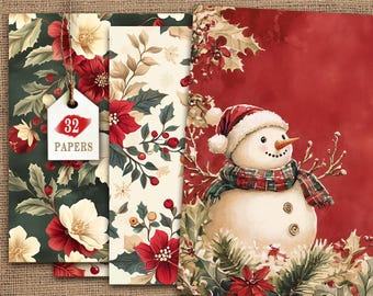 Christmas Digital Papers, 32 Vintage Junk Journal Pages