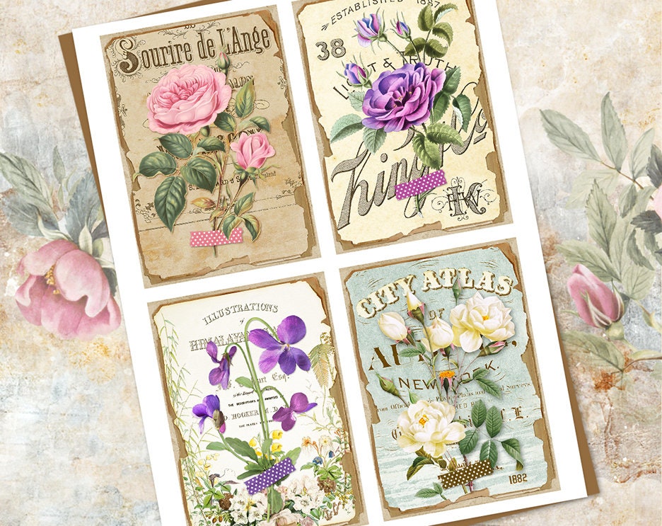 Vintage Botanical Card Set, Junk Journal Printable Floral Cards, Spring ...