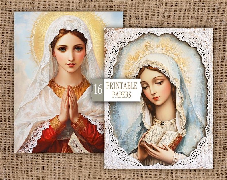 May include: Two printable images of the Virgin Mary. The first image shows the Virgin Mary with her hands clasped in prayer. The second image shows the Virgin Mary holding a book. Both images are surrounded by a white lace border.