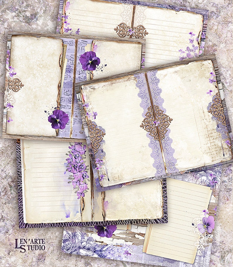 Blank Lined Journal Pages, Basic Junk Journal Kit, Digital Violet Collage Sheets, Violets Digital Papers, Scrapbook Digital Purple Flowers image 3