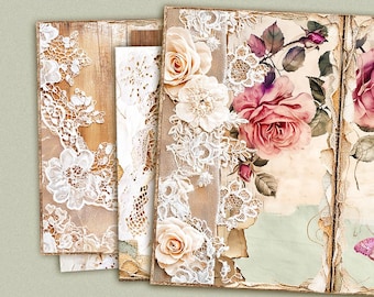 Vintage Lace Junk Journal Papers, Shabby Chic Floral Printable Pages