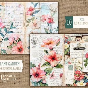 May include: A set of 10 digital papers featuring vintage floral illustrations with handwritten text and botanical elements. The papers are designed for use in junk journals and other paper crafts. The papers are 8.5 inches by 11 inches.