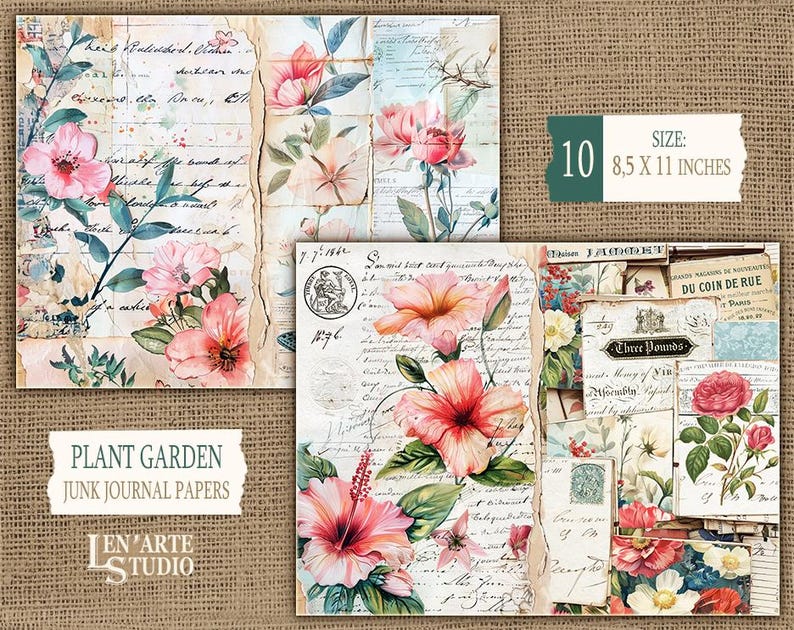 May include: A set of 10 digital papers featuring vintage floral illustrations with handwritten text and botanical elements. The papers are designed for use in junk journals and other paper crafts. The papers are 8.5 inches by 11 inches.