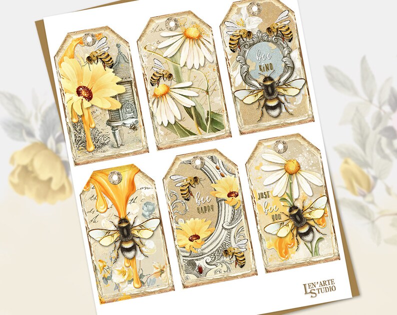 May include: Set of six vintage-style gift tags featuring bees, flowers, and honey dripping. The tags have a distressed, rustic look and include the text "bee kind", "bee happy", and "just bee you".