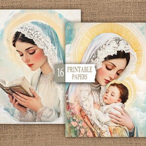 May include: Two images of a woman in a white dress and a white lace veil holding a book in one image and a baby in the other. The woman is depicted as the Virgin Mary. The images are painted in a soft, realistic style with a light blue and yellow background.