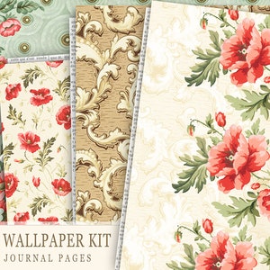 Vintage behang Junk Journal Kit, klaprozen antieke papieren, printables dagboek, rode papaver, ephemera, vintage papieren, digitale achtergrond afdrukken