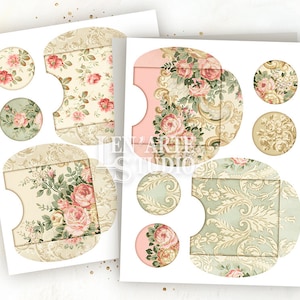May include: Two printable sheets of paper with a variety of floral and damask patterns. Each sheet has six circles with different designs, including a floral pattern with pink roses, a damask pattern with gold accents, and a floral pattern with green leaves.