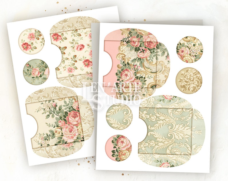 May include: Two printable sheets of paper with a variety of floral and damask patterns. Each sheet has six circles with different designs, including a floral pattern with pink roses, a damask pattern with gold accents, and a floral pattern with green leaves.