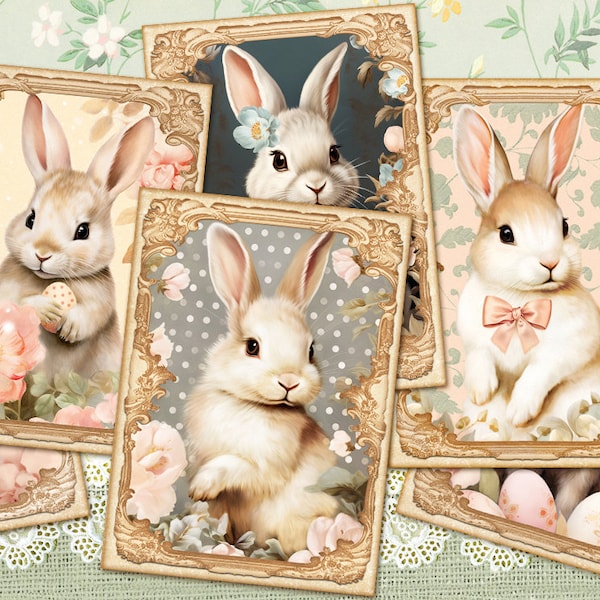 Vintage Easter ATC Card, Printable Bunnies Cards, Easter Ephemera, Easter Bunny, Spring Junk Journal Supplies, Spring Ephemera, Gift Tags