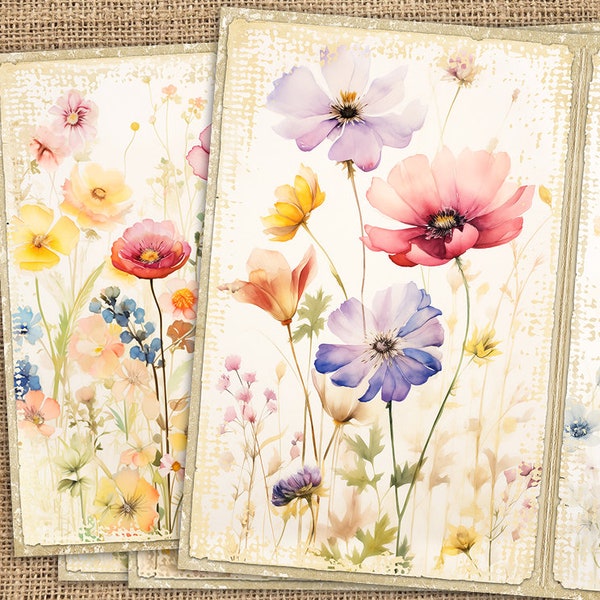 Watercolor Wildflowers Junk Journal Papers, Spring Flowers Junk Journal Kit, Floral Printable Collage Sheet, Pastel Flowers Digital Papers