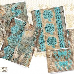 May include: Four digital paper designs featuring turquoise lace patterns on a woodgrain background. The designs include floral patterns, butterflies, and borders.
