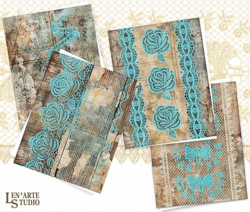 May include: Four digital paper designs featuring turquoise lace patterns on a woodgrain background. The designs include floral patterns, butterflies, and borders.