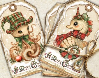 Etiquetas de animales para bebés de Navidad, etiquetas de diario a cuadros escoceses, lindos animales marinos divertidos de Navidad, etiquetas de regalo de Navidad para diario basura, etiquetas de vacaciones imprimibles