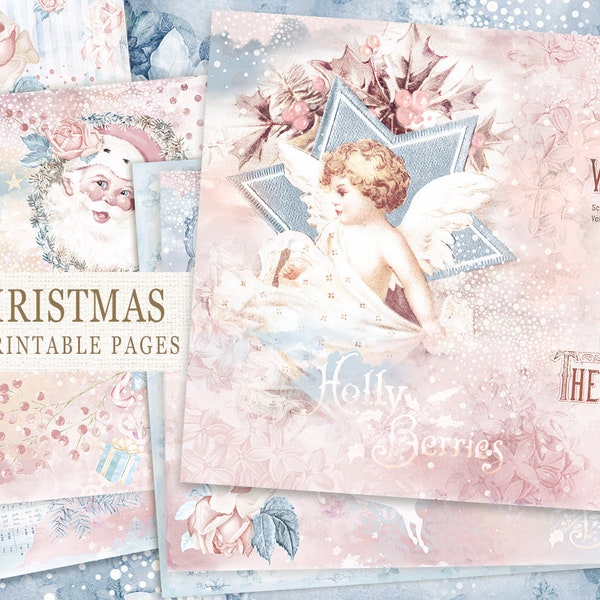 Junk Journal Christmas Printable Kit, Vintage Christmas Digital Paper Download, Shabby Pink Christmas Pages, Collage Sheets Christmas, Santa